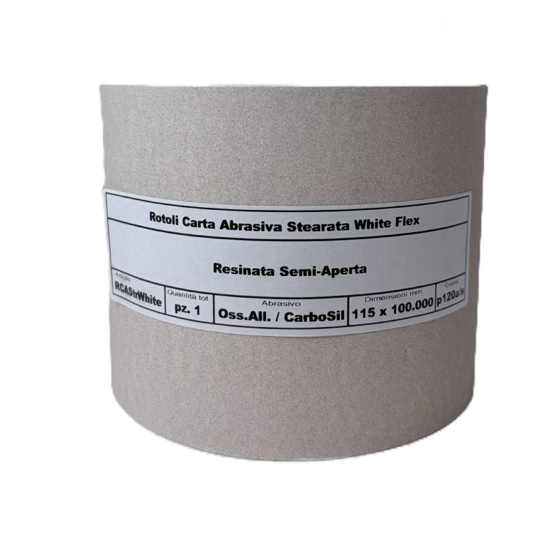 rotolo carta abrasiva stearata flex bianca tipo carburo di silicio / ossido di alluminio resinata semi-aperta mm. 115 x 100.000 p 120 a/s<br />#rotolocartaabrasiva