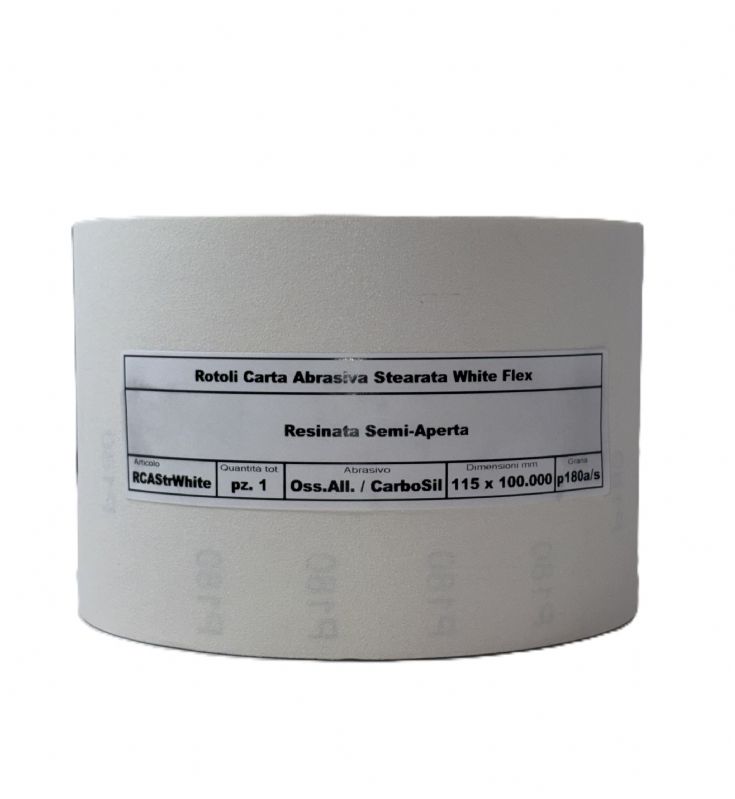 rotolo carta abrasiva stearata flex bianca tipo carburo di silicio / ossido di alluminio resinata semi-aperta mm. 115 x 100.000 p 180 a/s<br />#rotolocartaabrasiva