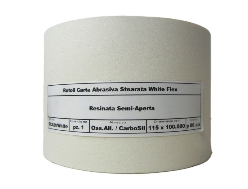 rotolo carta abrasiva stearata flex bianca tipo carburo di silicio / ossido di alluminio resinata semi-aperta mm. 115 x 100.000 p 80 a/s<br />#rotolocartaabrasiva